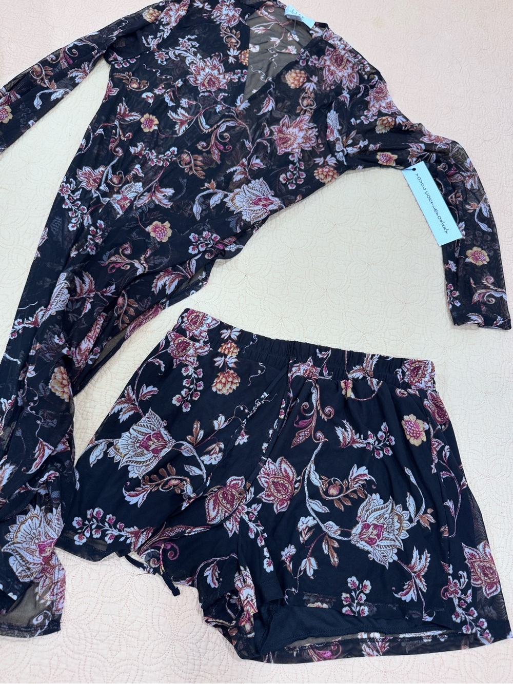 Two pieces floral set - Shorts & Sheer Long sleeve Cardigan